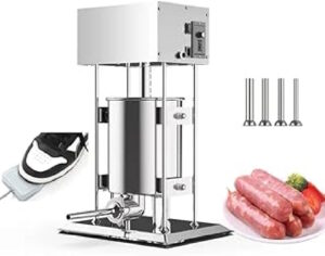 A stainless steel electric sausage stuffer with various stuffing tubes and cooked sausages on a plate.